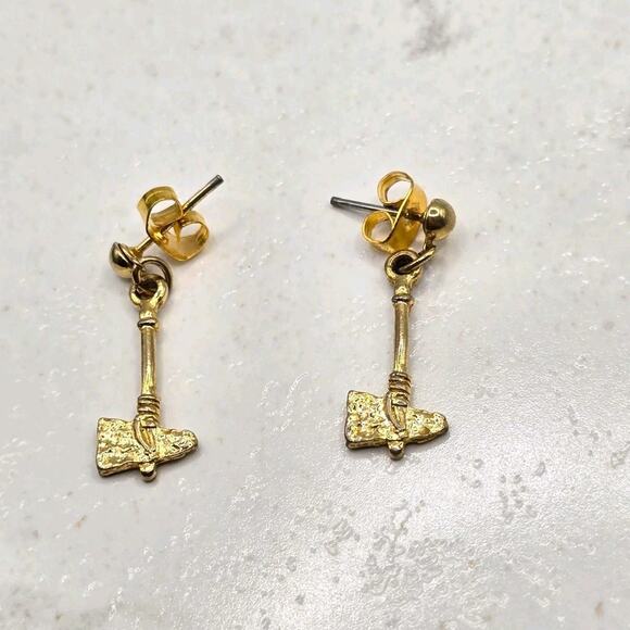 Minimalist Axes Shaped Earrings Pierced Textured Tone Dangle - Picture 5 of 6